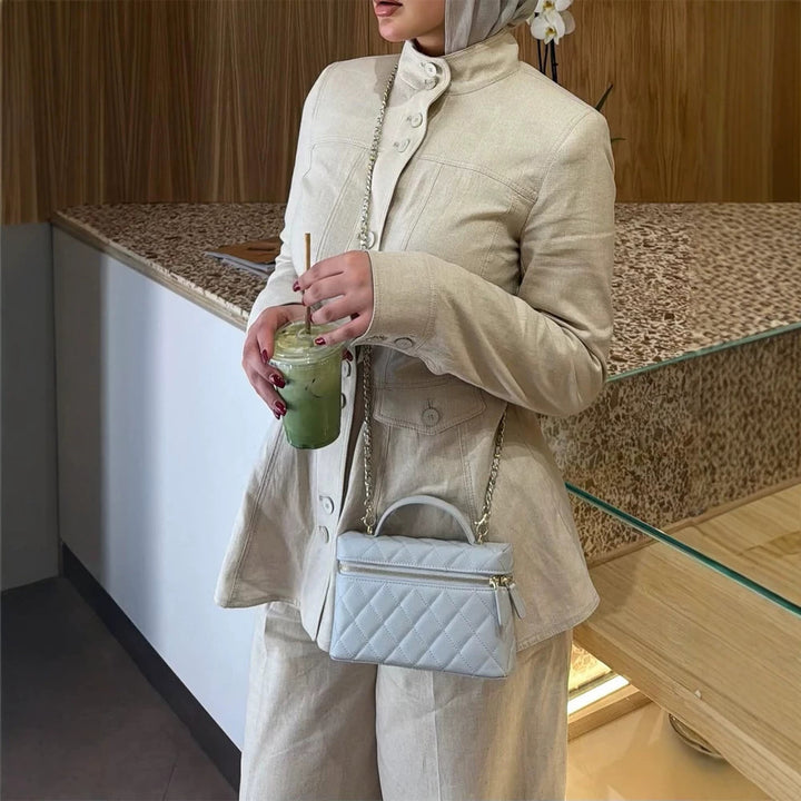 Women Tailored Linen Blazer with Stand Collar and Flouncing Peplum Amarae