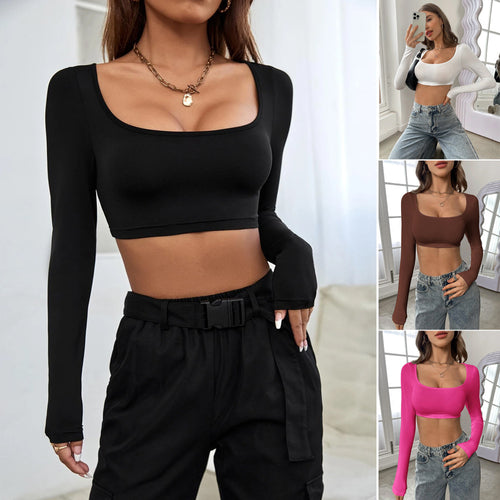Haut court à manches longues pour femmes avec un élégant col carré et un ajustement confortable Chic & Stil