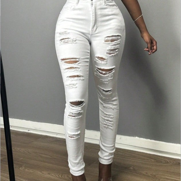 Women's High-Waisted Skinny Jeans with Asymmetrical Destruction Look and Shaping Waistband Amarae