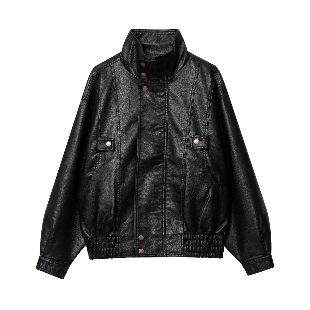 Faux leather jacket for women with high collar and practical pockets Lune London