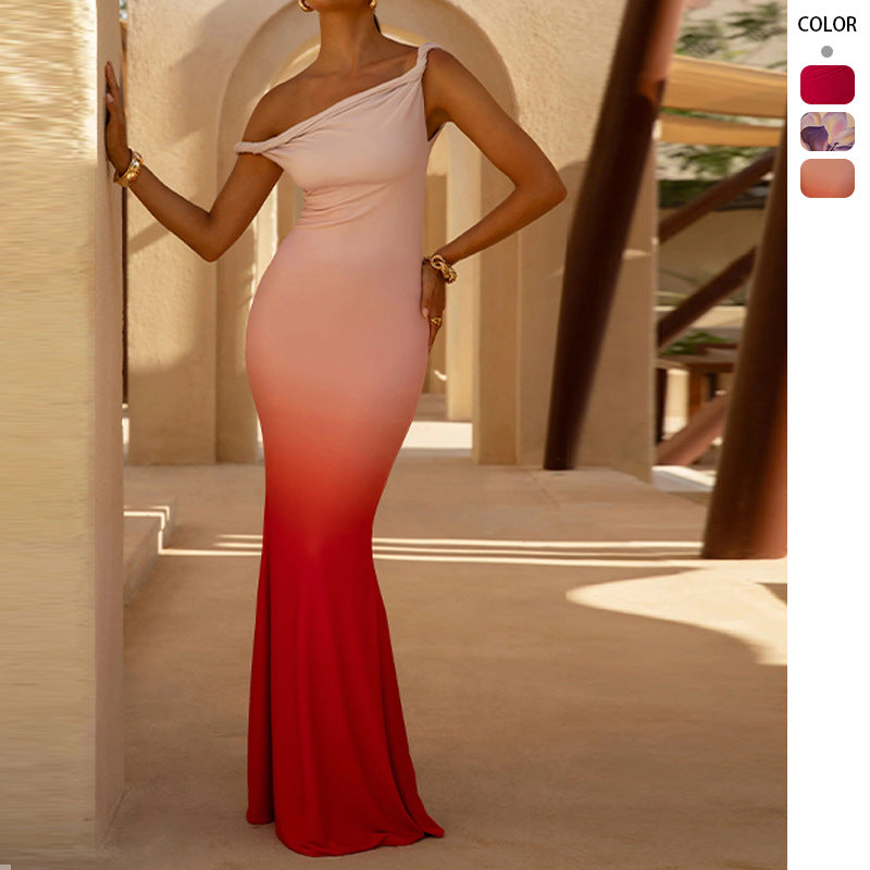 Women's figure-hugging evening dress with off-the-shoulder design and side slit Lune London