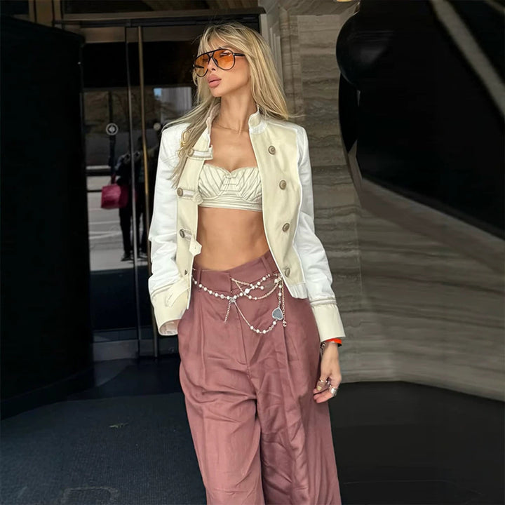 Ladies short jacket in military-inspired satin look with stand-up collar Amarae