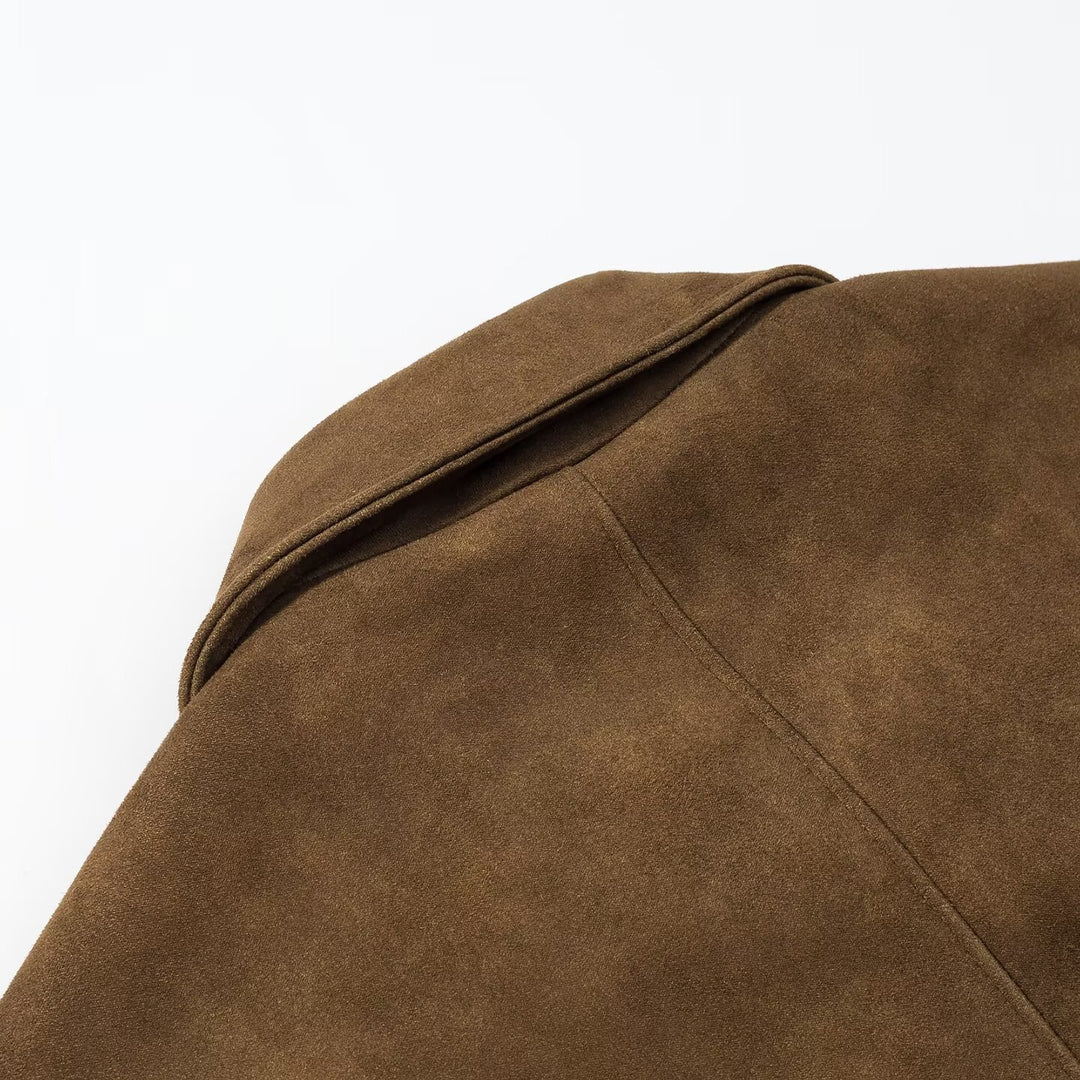 Women's short jacket made of suede leather with shirt collar and piped pockets Amarae