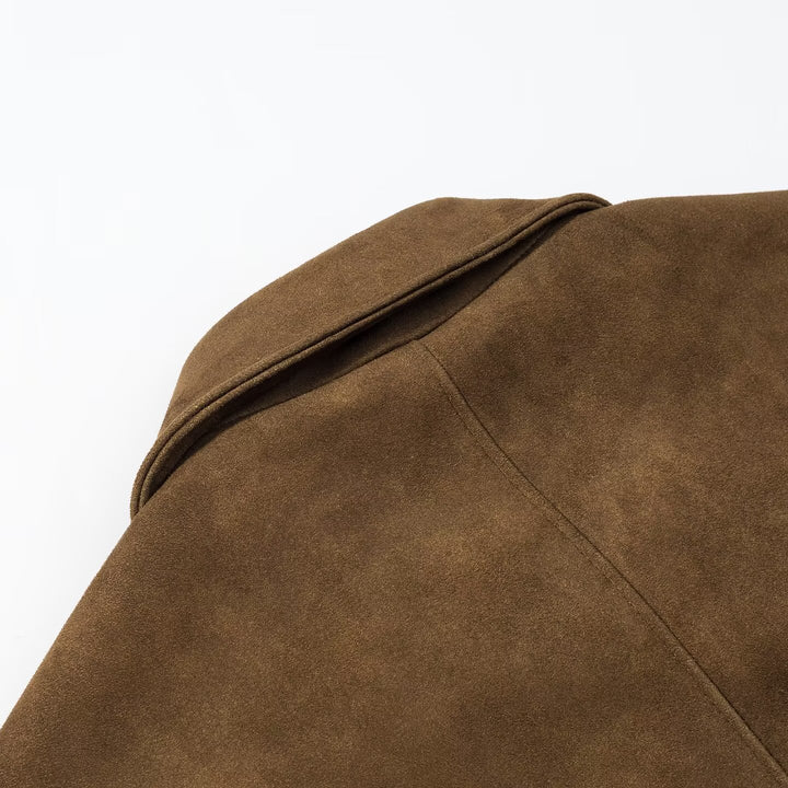 Women's short jacket made of suede leather with shirt collar and piped pockets Amarae