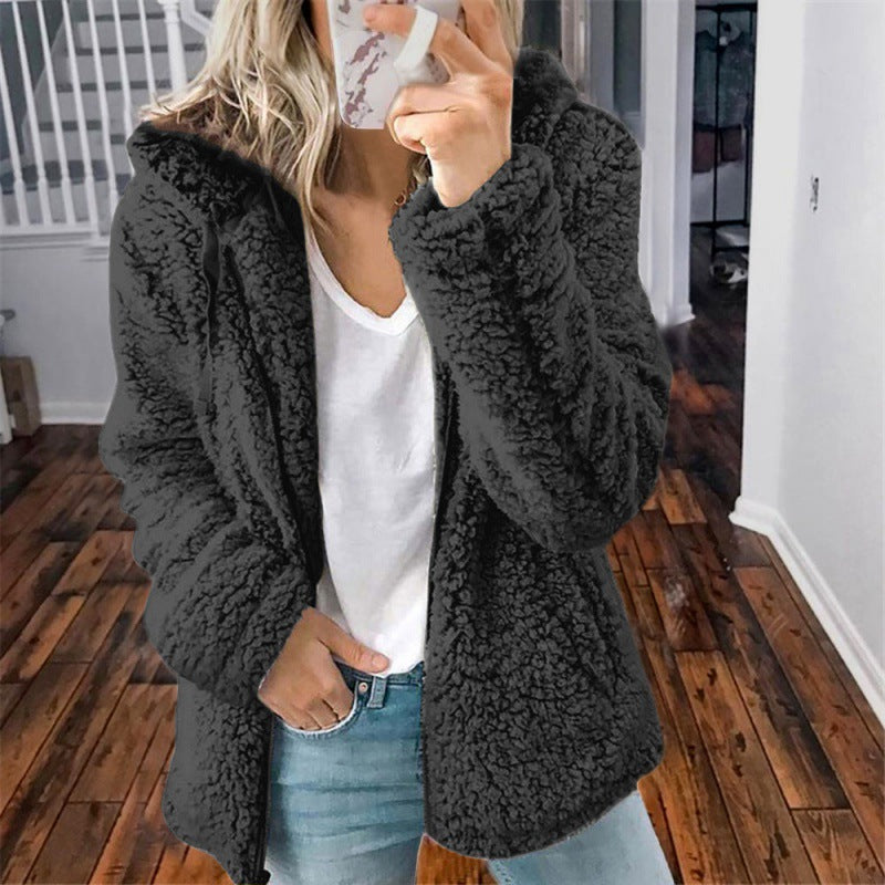 Women's fleece teddy jacket with hood, oversized cut and zipper Amarae