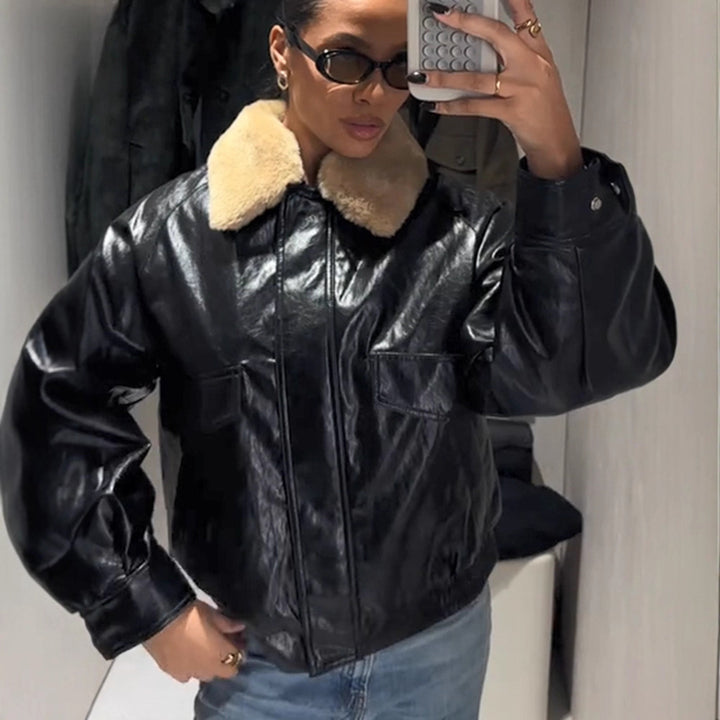 Women's Shiny Oversized Faux Leather Bomber Jacket with Voluminous Faux Fur Collar Amarae
