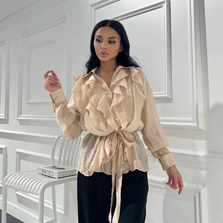 Women's Ruffled Chiffon Blouse with Ties and Ruffles Around