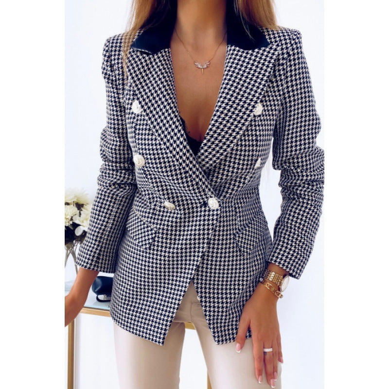 Chic checkered blazer jacket for women with double-breasted buttons and fitted silhouette Lune London