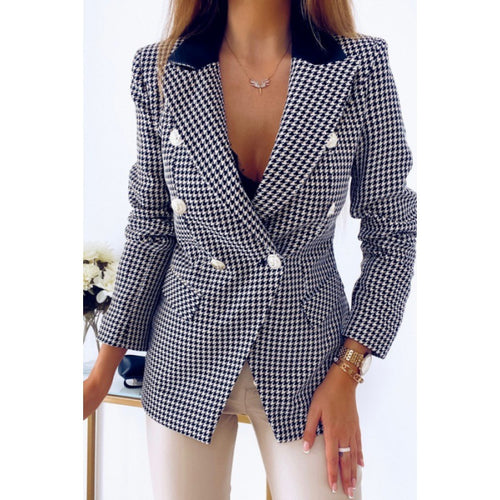 Chic checkered blazer jacket for women with double-breasted buttons and fitted silhouette Amarae