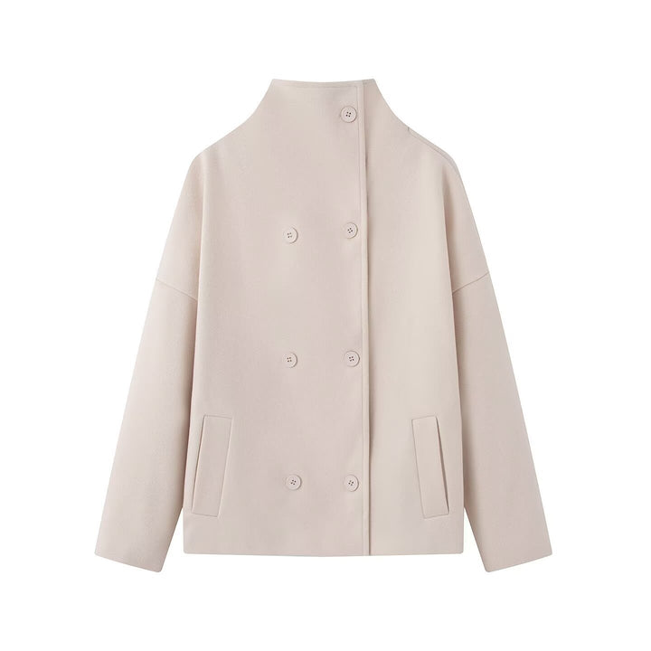 Women Short Cut Double Breasted Wool Blend Cocoon Coat with Stand-up Collar Amarae