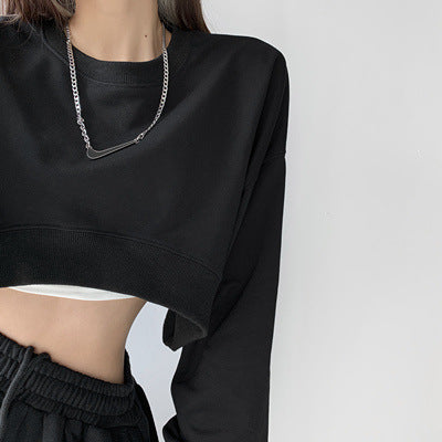 Women's Casual Crop Sweatshirt with Loose-Fitting Sleeves and Fashionable Cut