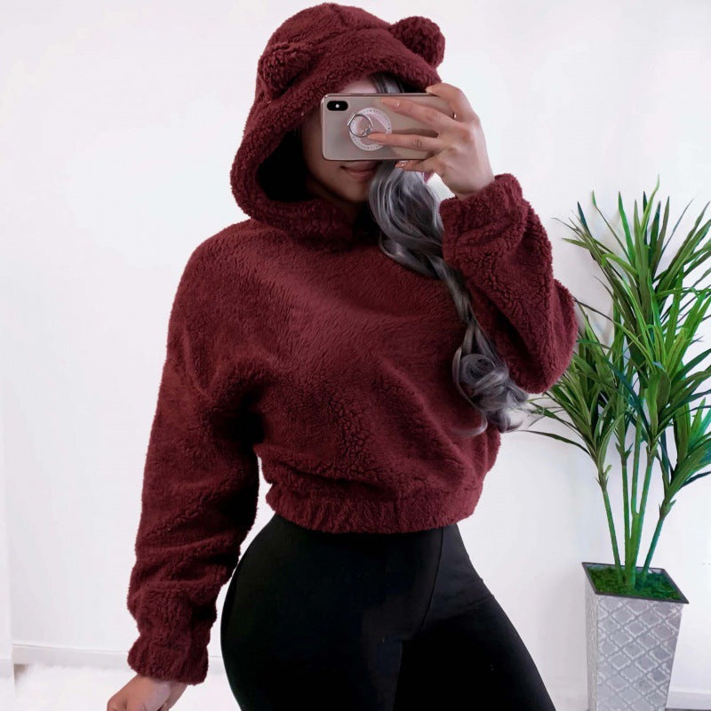 Women's Short Hooded Sherpa Pullover with Kangaroo Pocket and Elastic Hem Amarae