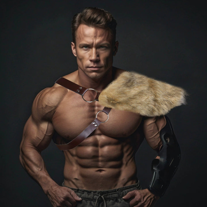 Men's decorative leather chest harness with removable faux fur shoulder pads Amarae