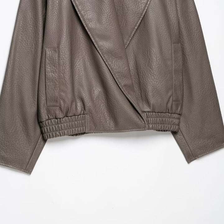 Women's Short Tailored Leather-Look Jacket with Oversized Shawl Collar and Gathered Hem Amarae