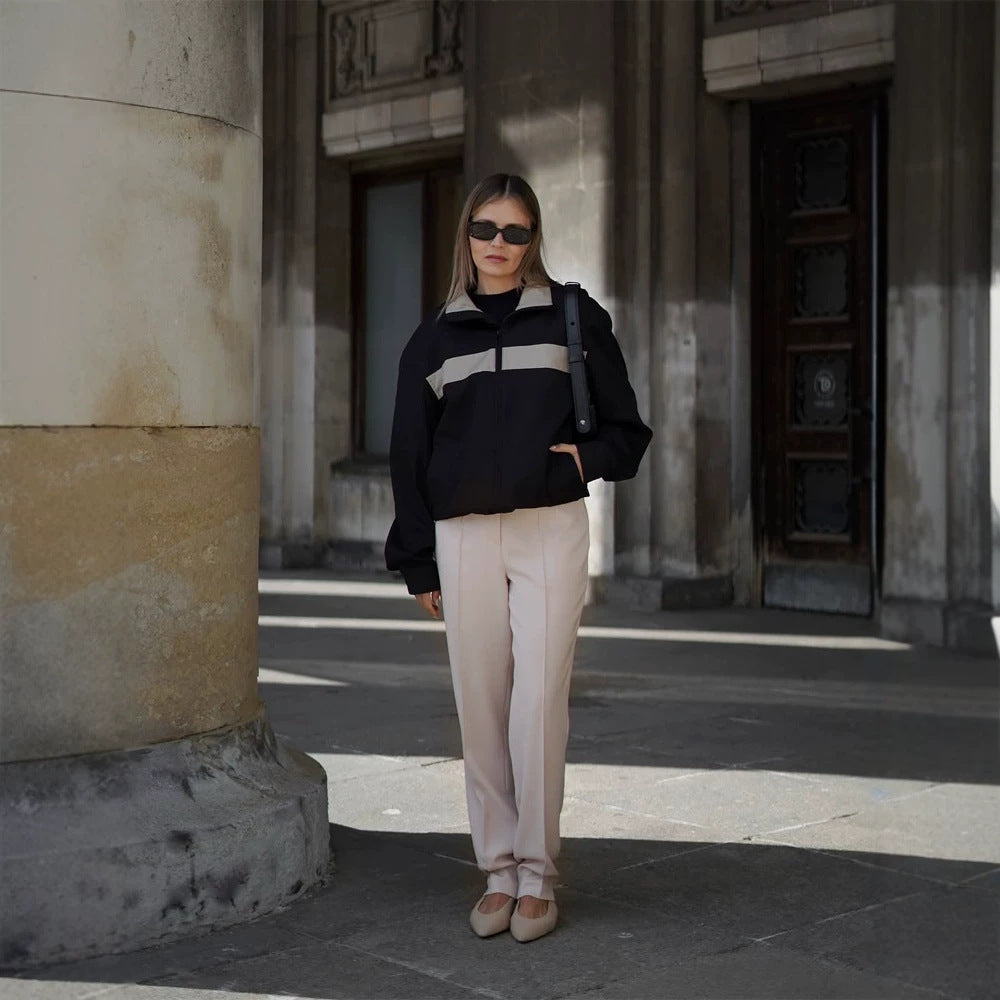 Women's Cropped Bomber Jacket with Contrast Stripes, Stand Collar and Boxy Silhouette Amarae