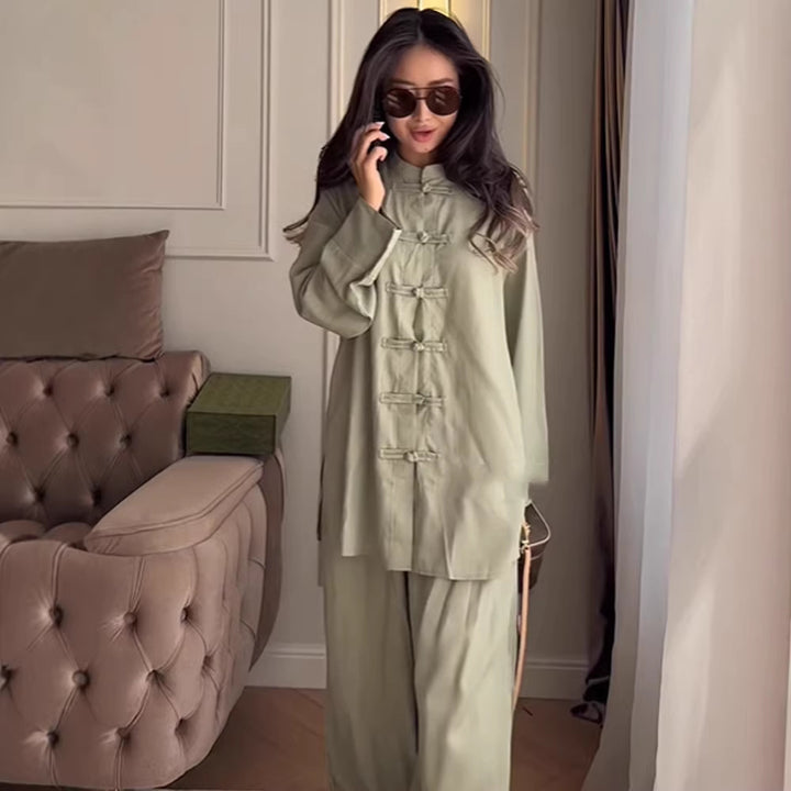 Women Two-Piece Oversize Lounge Set with Stand-Up Collar and Decorative Knot Closures Amarae