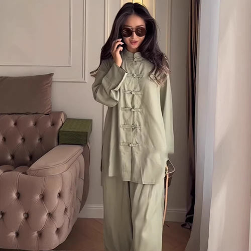 Women Two-Piece Oversize Lounge Set with Stand-Up Collar and Decorative Knot Closures Amarae