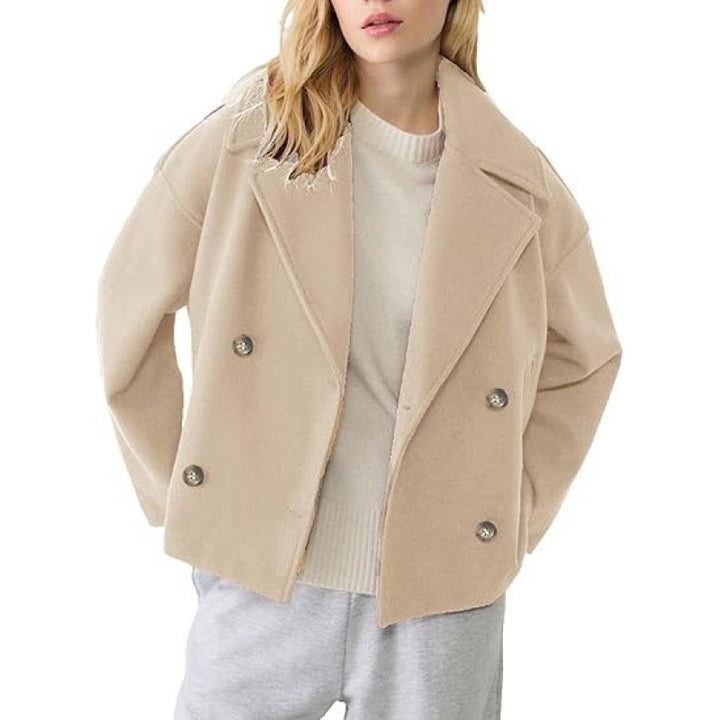 Women's Short Double-Breasted Wool Blend Peacoat with Oversized Lapels Amarae