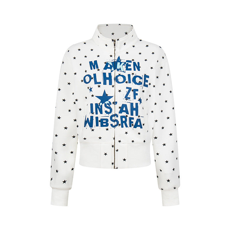 Women's Short Zipper Sweat Jacket with Stand-Up Collar, Allover Star Print and Statement Front Print Amarae