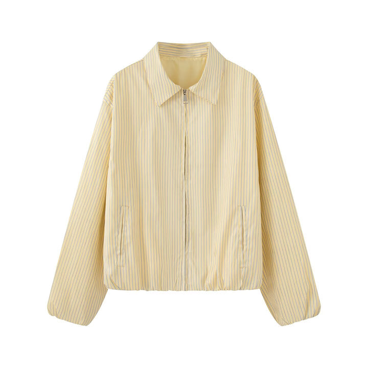Women's Lightweight Striped Blouson Jacket with Zipper, Shirt Collar and Elastic Hem Amarae