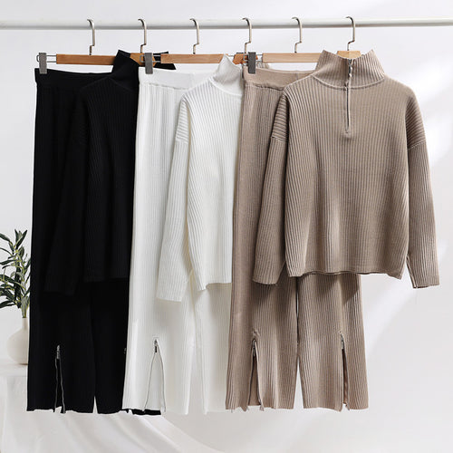 Casual knit set for women with a high collar and side slits Amarae
