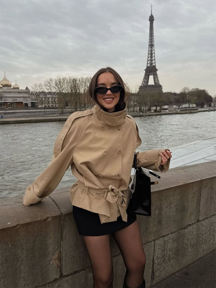 Women Short Trench with High Stand Collar, Double-Breasted Button Placket & Waist Belt Amarae