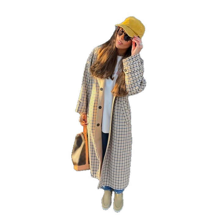 Women’s Maxi Long Checked Wool Blend Coat with Straight Silhouette Amarae