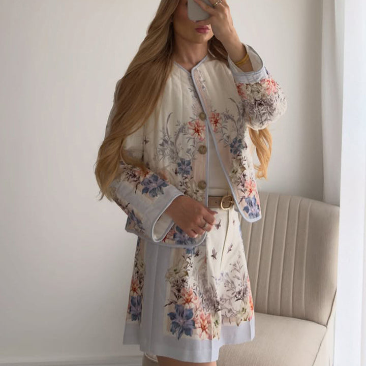 Women Two-Piece Floral Boucle Jacket and Pleated Mini Skirt Set Amarae