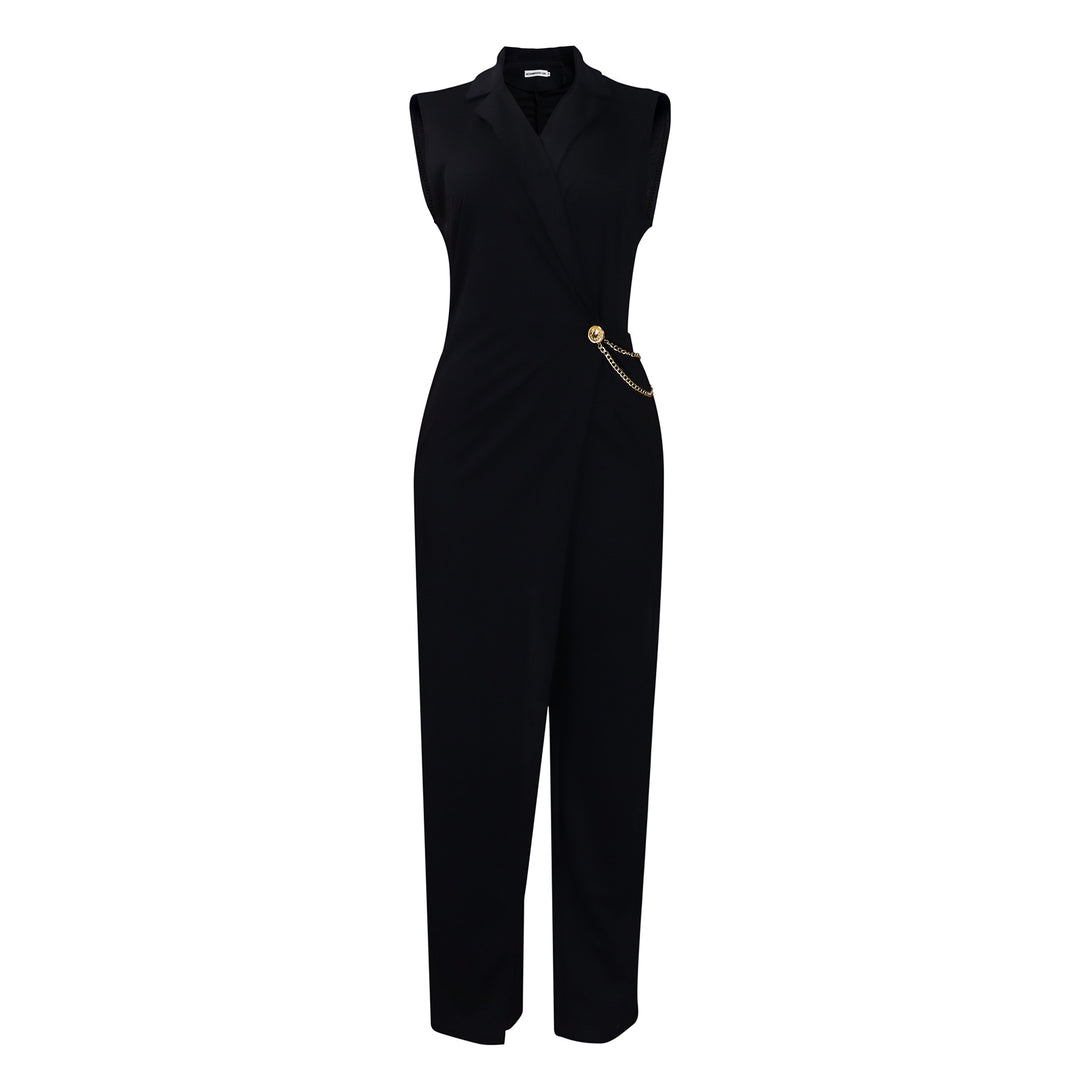 Ladies Elegant jumpsuit with stylish draping and glittery side accent Lune London