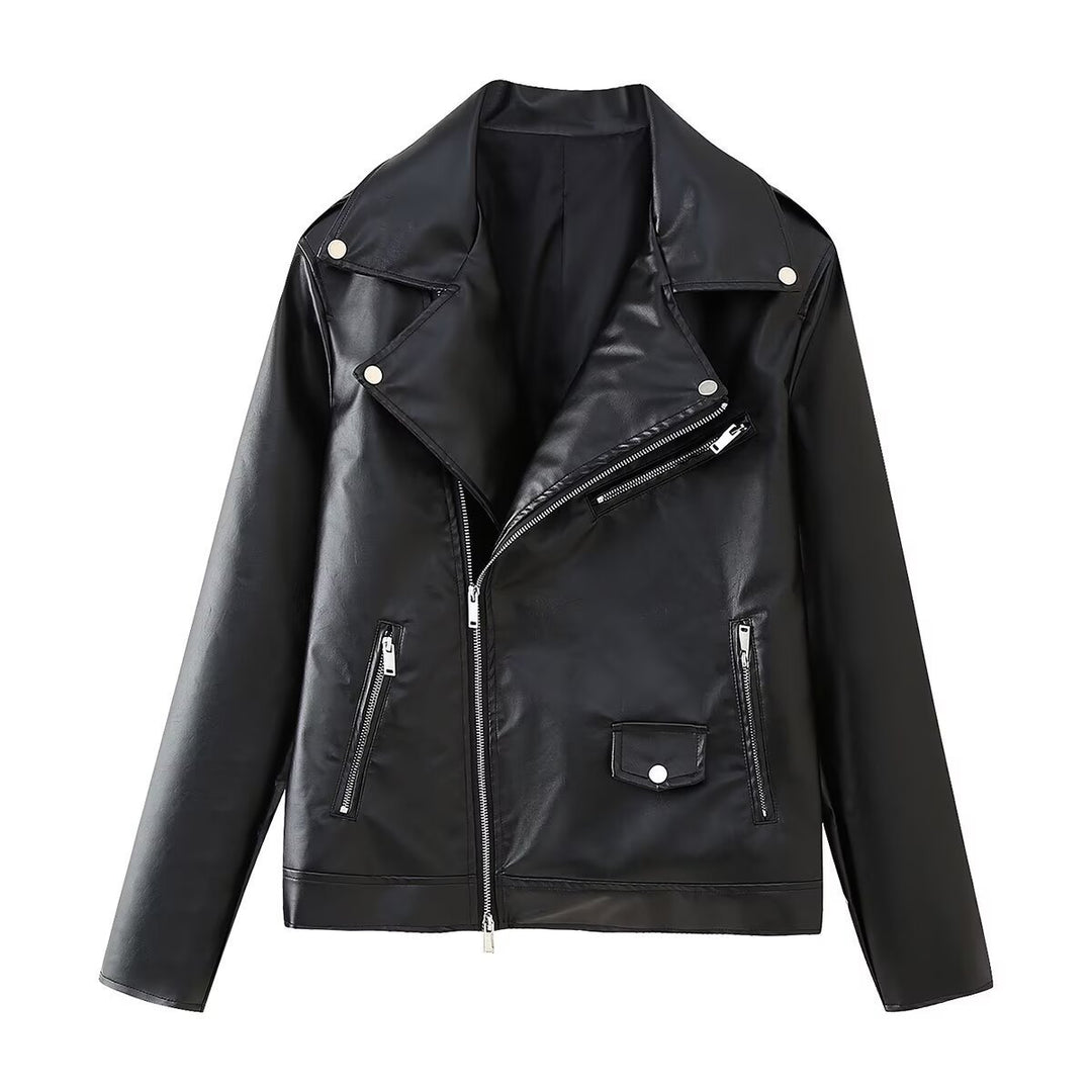 Faux leather jacket for women with asymmetrical zipper and decorative zipper details Lune London