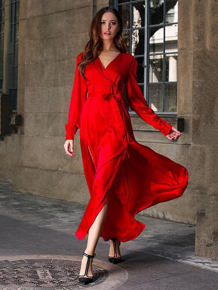 Maxi dress for women with an elegant wrap design and refined side slits Lune London