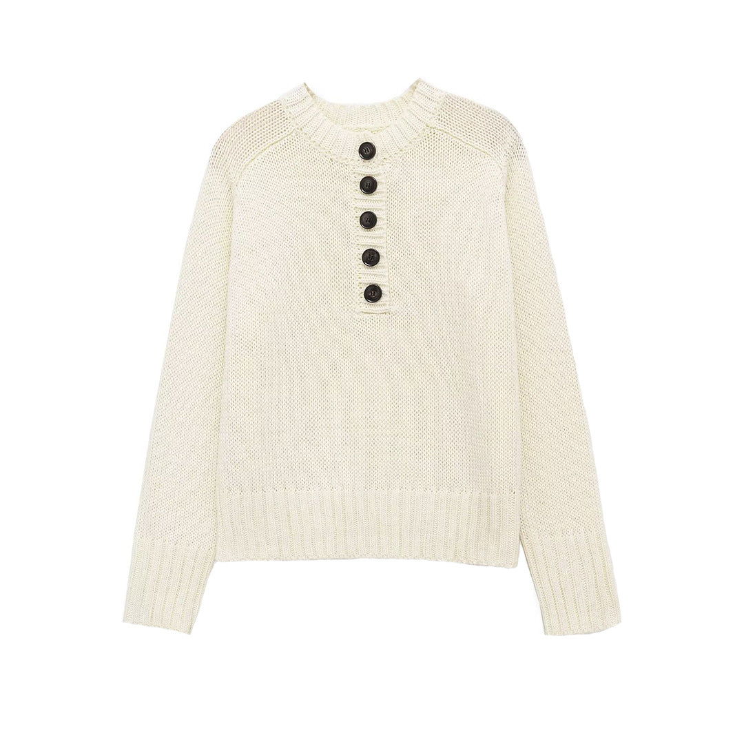 Women's chunky knit Henley sweater with wooden buttons and ribbed cuffs Amarae