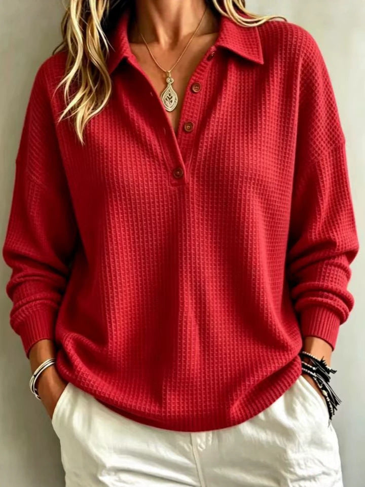 Ladies waffle knit polo with oversized fit, button placket and roll neck look Amarae