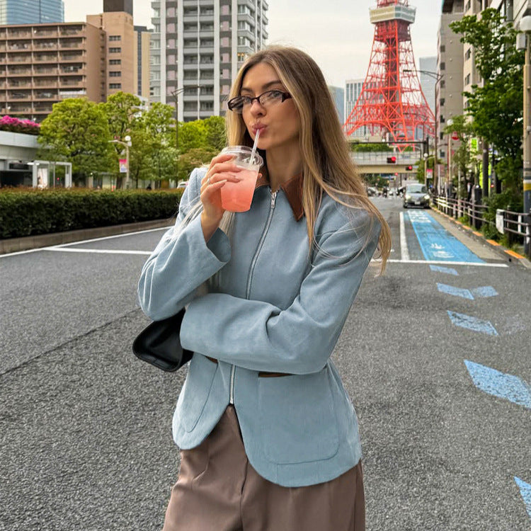 Women's Fitted Velvet Blazer with Zipper and Contrast Collar Amarae