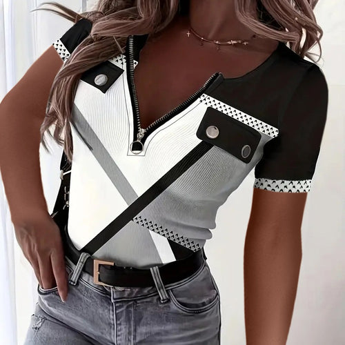 Women short sleeve top with zipper and geometric design Amarae