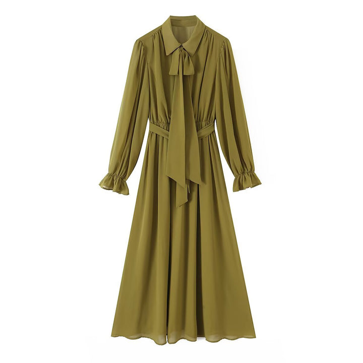 Women's chiffon maxi dress with tie bow, fitted knot band, and ruffled sleeves Amarae