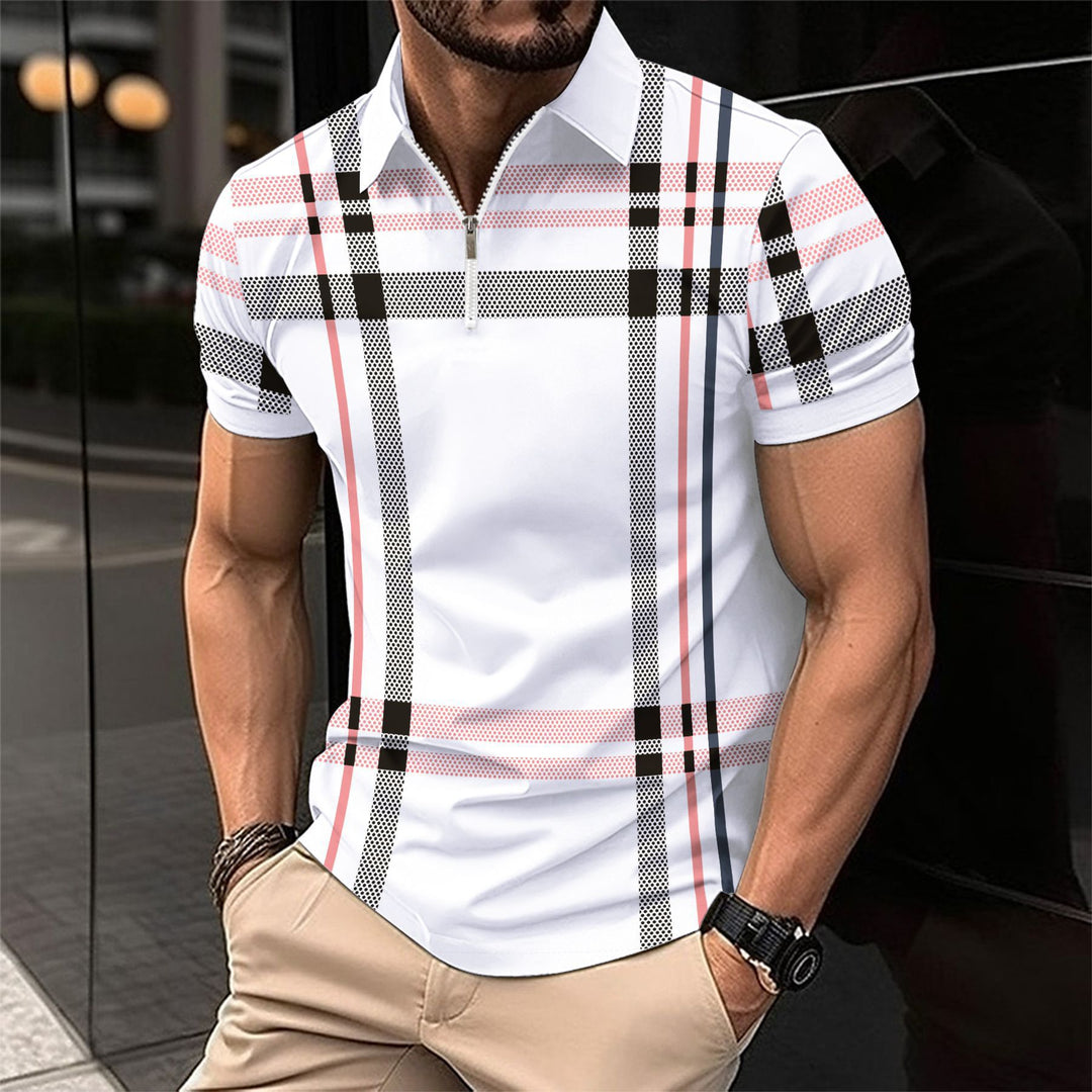 Men's Short Sleeve Polo with Modern Zip Closure and Chic Plaid Design