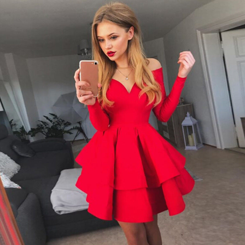 Women Playful Off-Shoulder Cocktail Dress with Ruffles and Deep V Neck Lune London