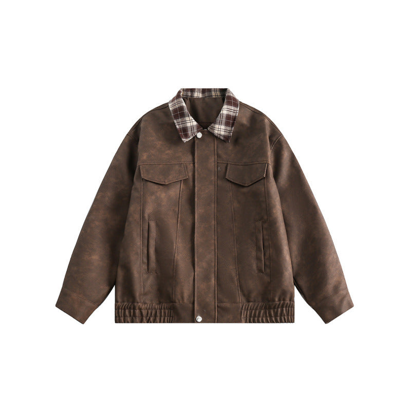 Men's suede look bomber jacket with checked shirt collar, flap pockets, and elastic hem Amarae