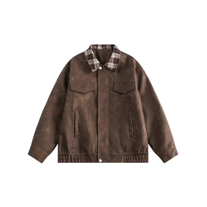 Men's suede look bomber jacket with checked shirt collar, flap pockets, and elastic hem Amarae
