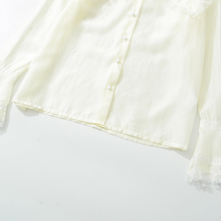 Women's blouse with large lace collar and tiered trumpet sleeves Amarae