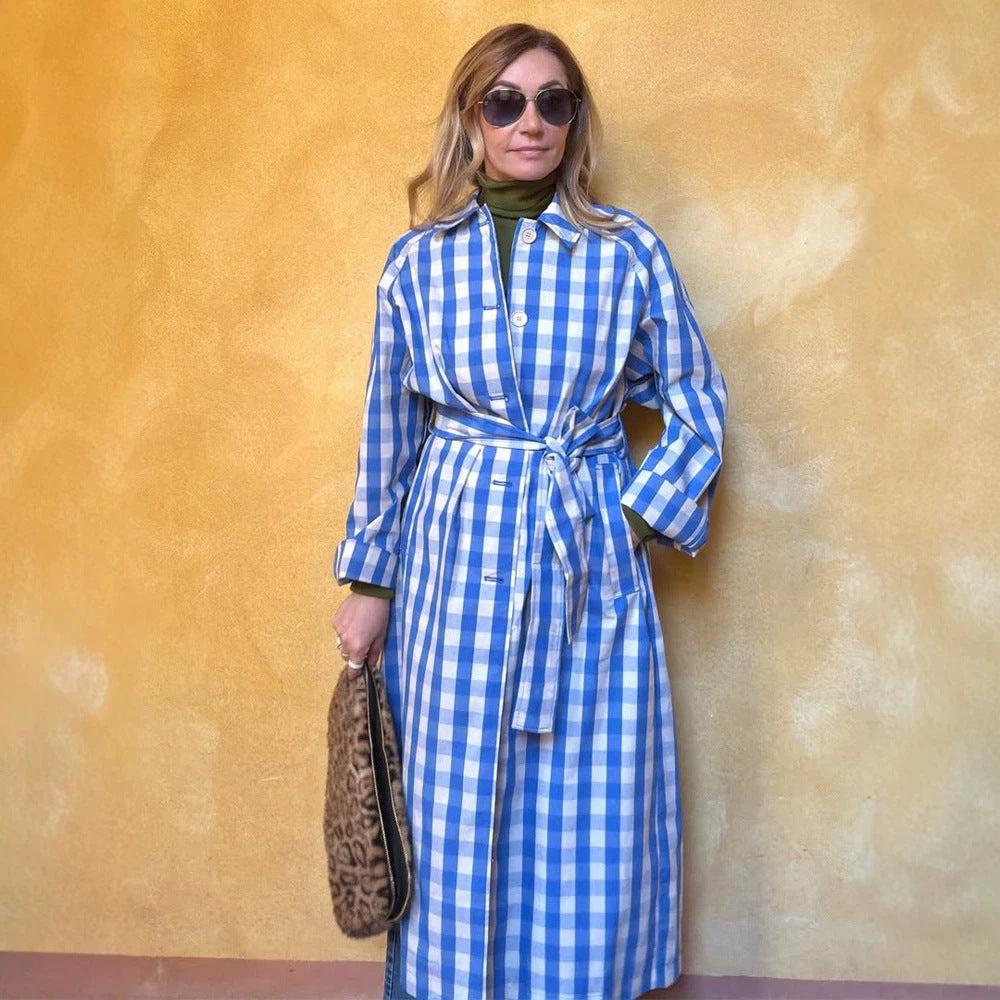 Women's long checkered coat with waist belt and shirt collar Amarae