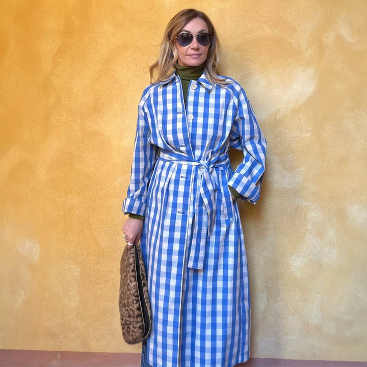 Women's long checkered coat with waist belt and shirt collar Amarae