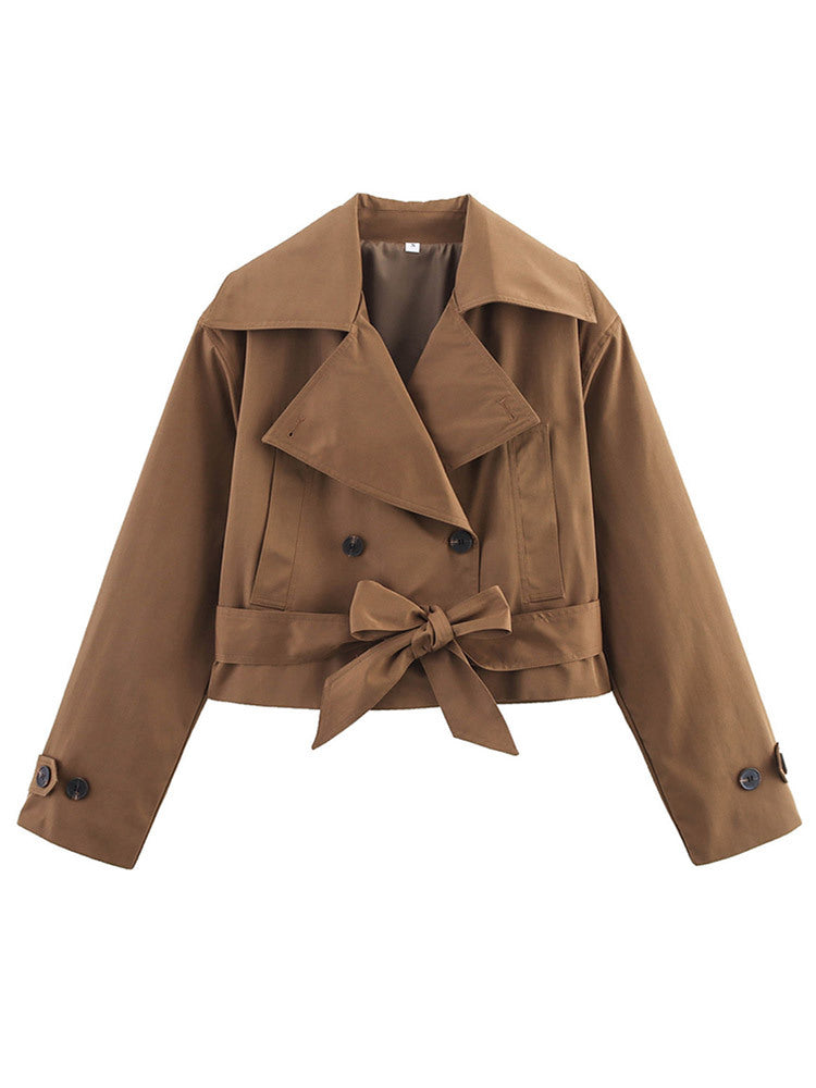 Women Short Double-Breasted Trench Coat with Waist Belt and Wide Lapel Amarae
