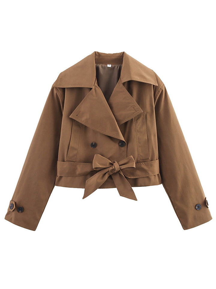 Women Short Double-Breasted Trench Coat with Waist Belt and Wide Lapel Amarae