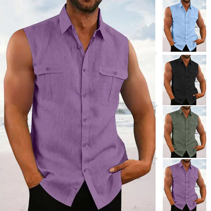 Sleeveless chambray shirt for men with chest pockets and button details Lune London