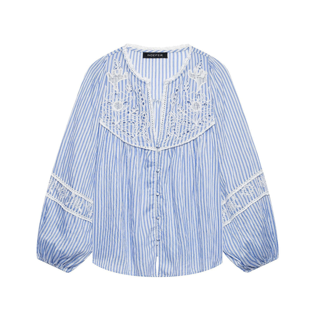 Ladies Striped Blouse with Crochet Lace, Balloon Sleeves and Button Placket Amarae