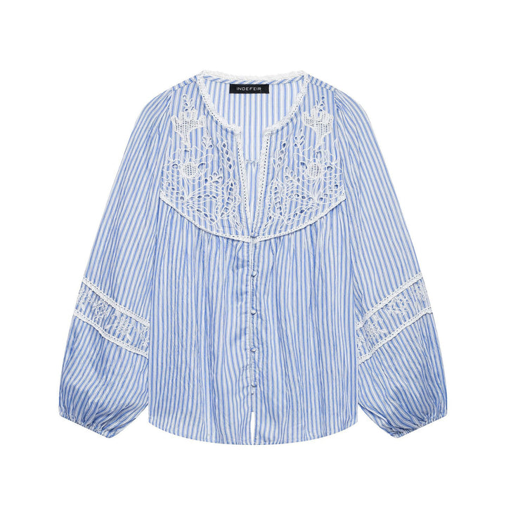 Ladies Striped Blouse with Crochet Lace, Balloon Sleeves and Button Placket Amarae