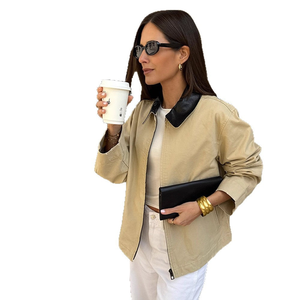 Women's Boxy Transitional Jacket with Contrasting Collar and Concealed Zipper Amarae