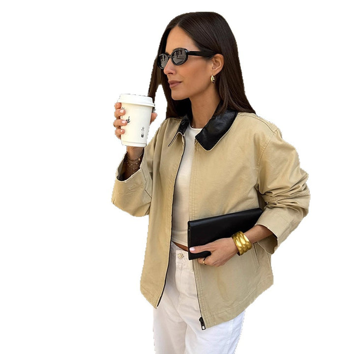 Women's Boxy Transitional Jacket with Contrasting Collar and Concealed Zipper Amarae